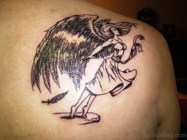 Black Inked Angel Tattoo On Back Shoulder
