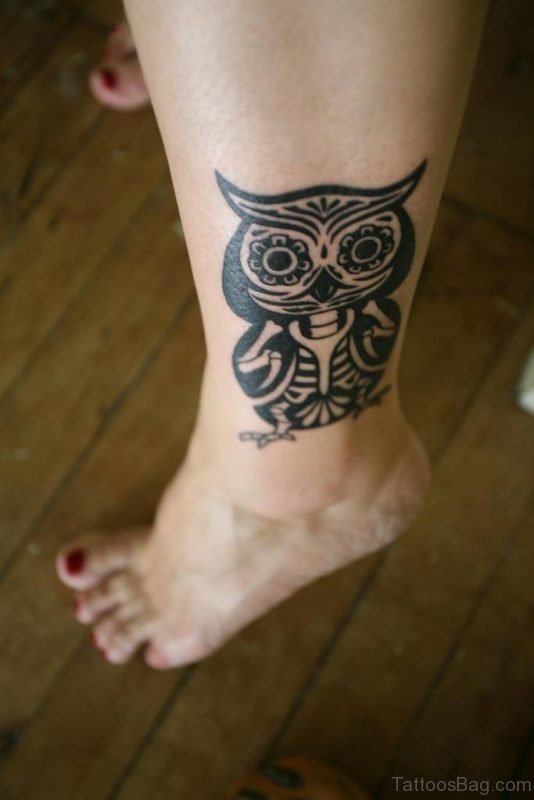 Black Owl Tattoo On Leg