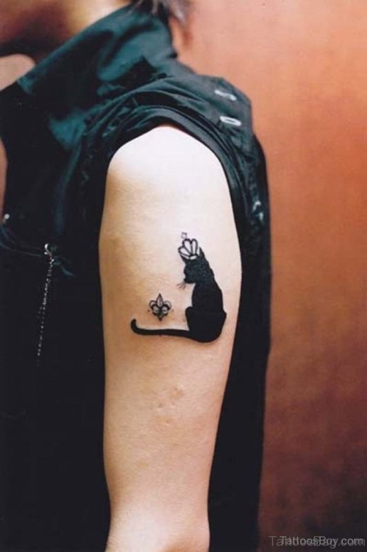 Black Sitting Cat Tattoo On Shoulder