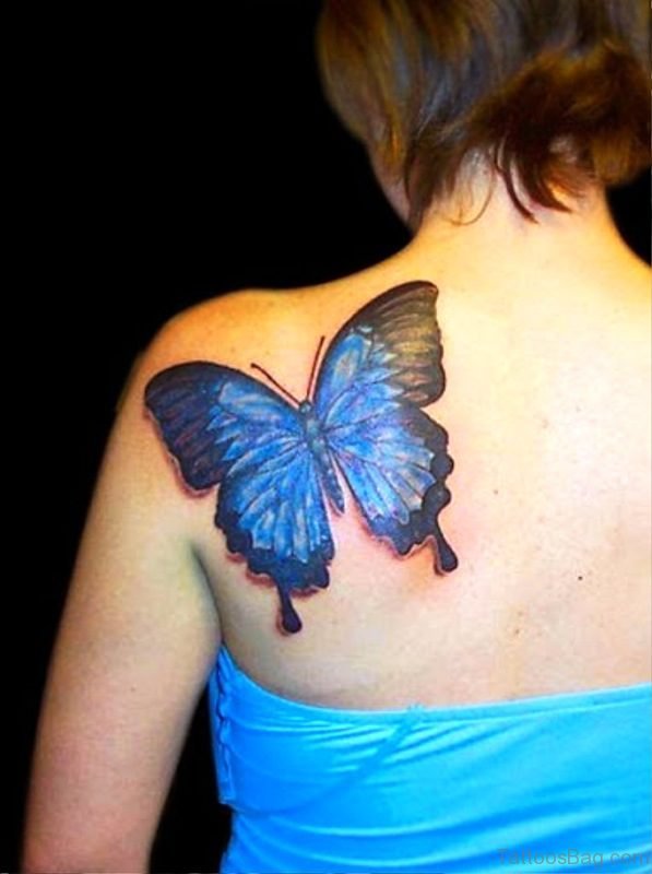 Blue Butterfly Tattoo On Shoulder