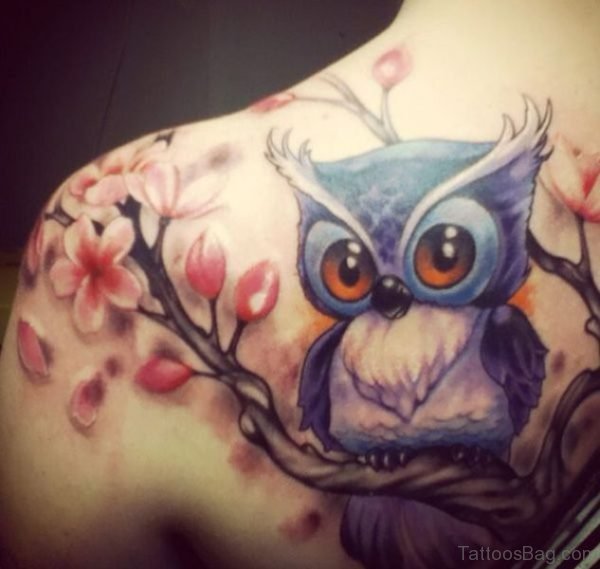 Blue Owl Tattoo On Left Shoulder