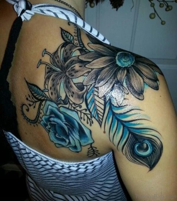 Blue Peacock Feather And Rose Tattoo