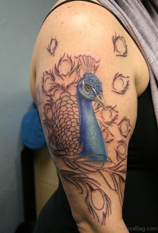 Blue Peacock Tattoo On Shoulder