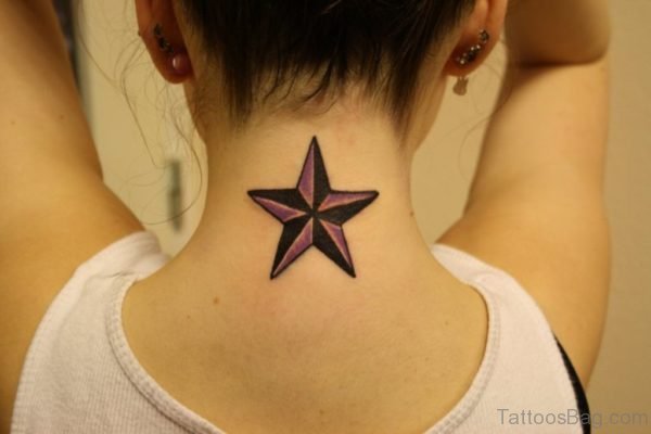 Brown And Black Star Tattoo On Nape