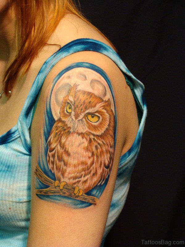 Brown Owl Tattoo On Shoulder