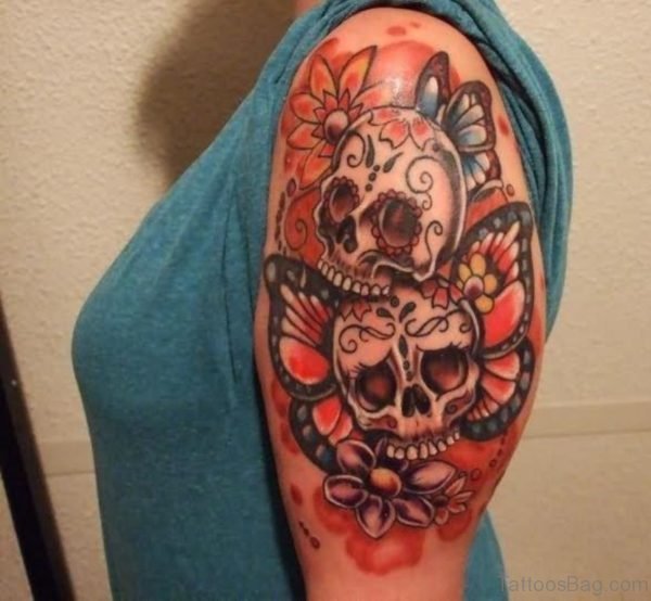 Butteflies And Skull Tattoo On Shoulder