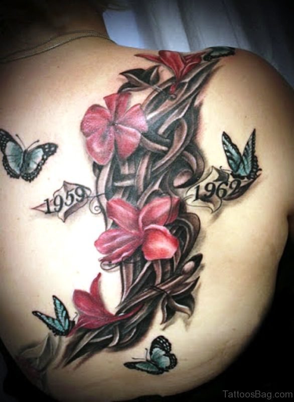 Butterflies With Flowers Tattoo Design