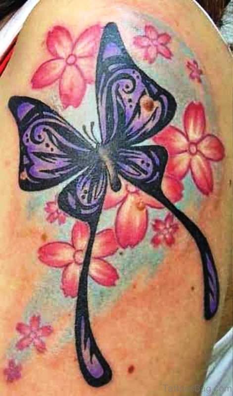 Butterfly With Pink Flowers Tattoo