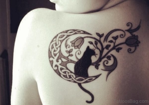 Celtic Cat And Moon Tattoo On Shoulder