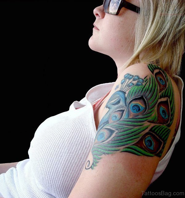 Classy Peacock Feather Tattoo On Shoulder