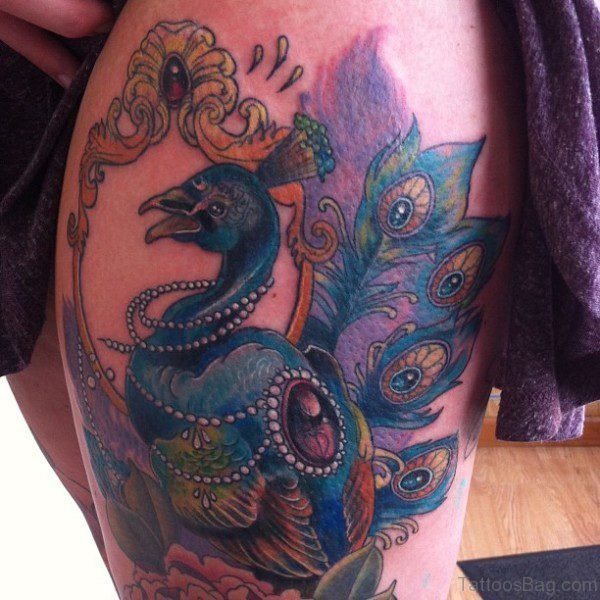 Classy Peacock Tattoo On Thigh