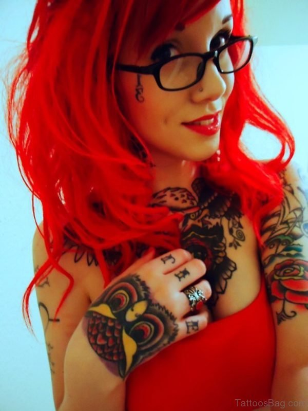 Color Owl Tattoo On Hand