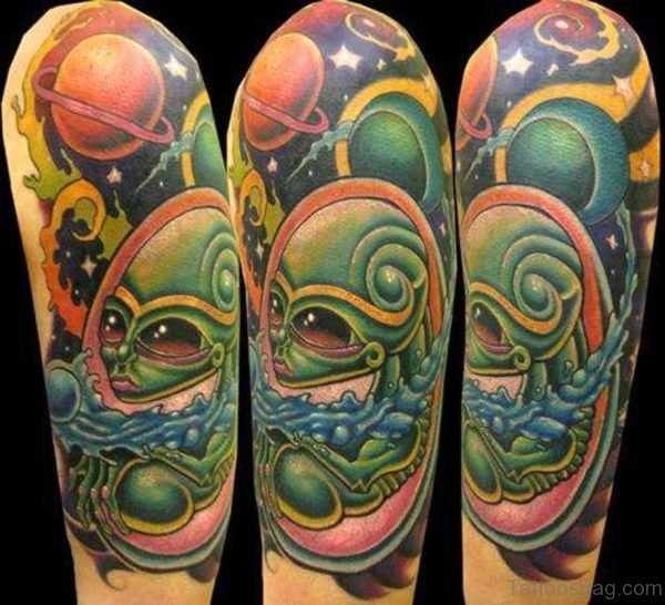 Colored Alien Tattoo on Shoulder
