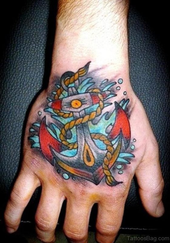 Colored Anchor Tattoo On Hand