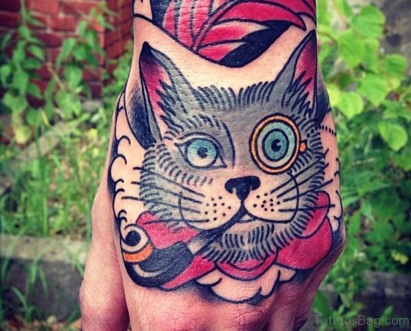 Colored Cat Tattoo On Hand