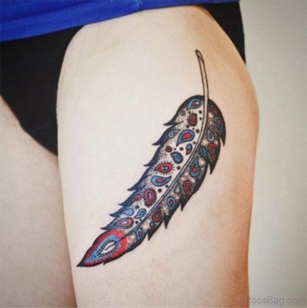 Colored Feather Tattoo On Thigh