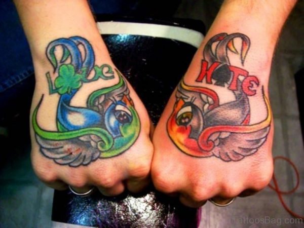 Colored Flying Birds Swallow Hand Tattoo
