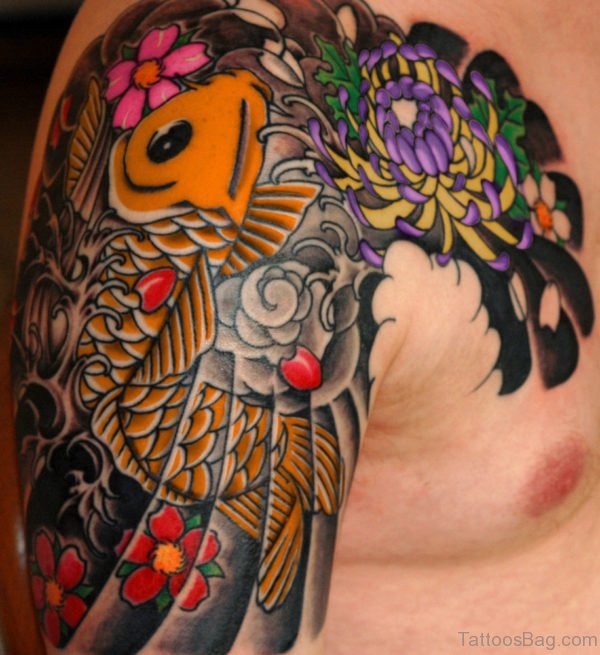 Colored Koi fish Tattoo On Chest