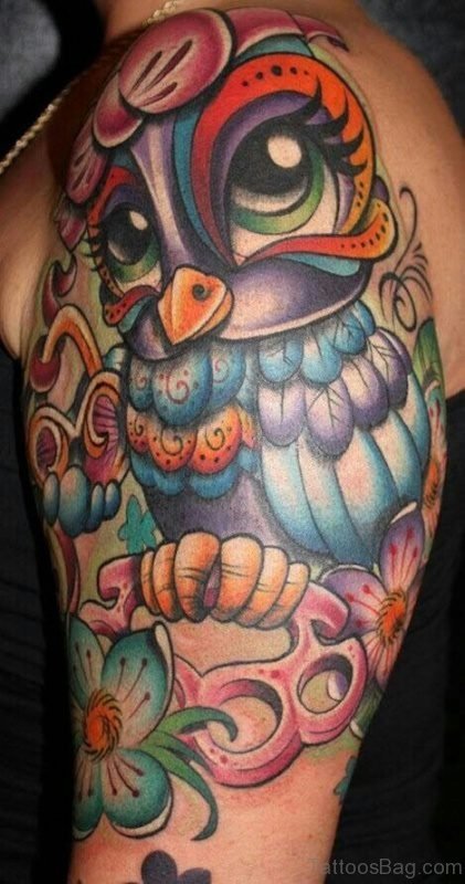Colored Owl Tattoo On Shoulder