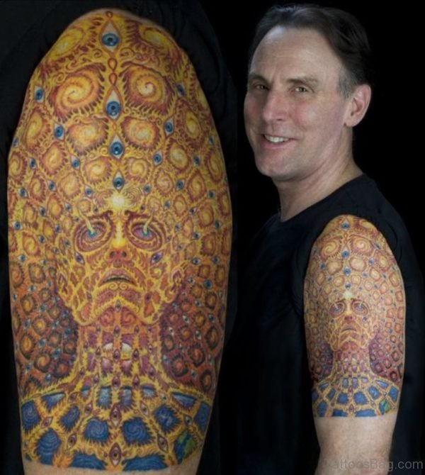 Colorful Alien Tattoo On Biceps Shoulder