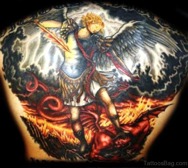 Colorful Archangel Tattoo On Back