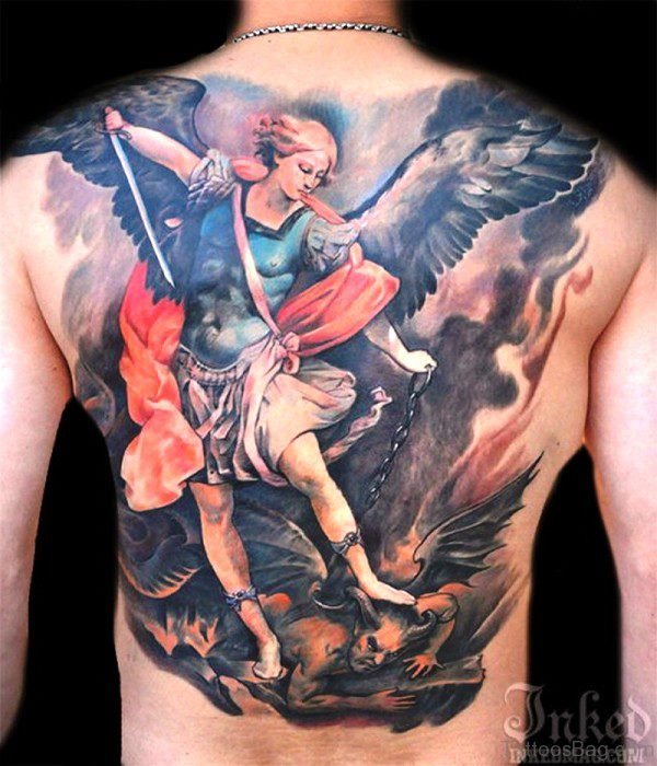 Colorful Archangel Tattoo With Sword