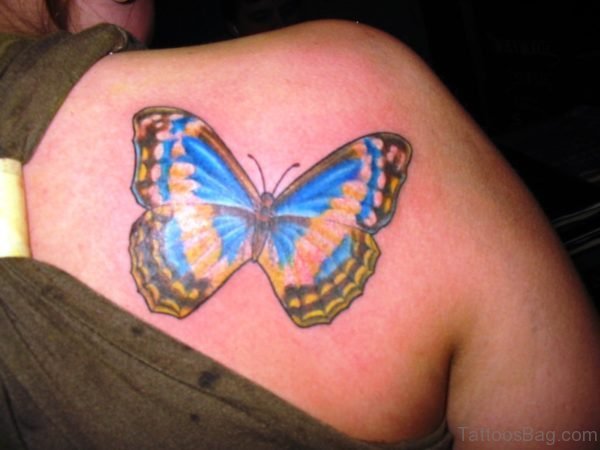Colorful Butterfly Tattoo On Back Shoulder