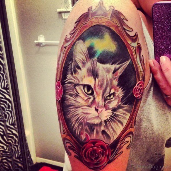 Colorful Cat Shoulder Tattoo