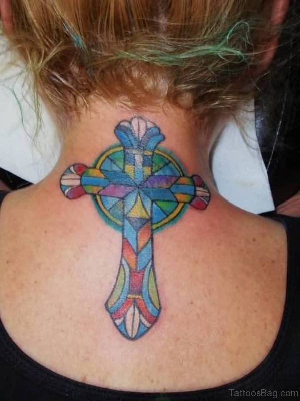 Colorful Cross Tattoo On Nape