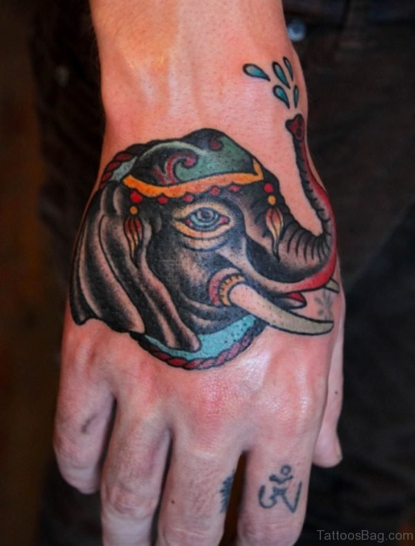 Colorful Elephant Tattoo On Hand 1