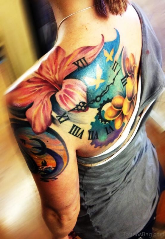Colorful Lily And Clock Tattoo On Shoulder