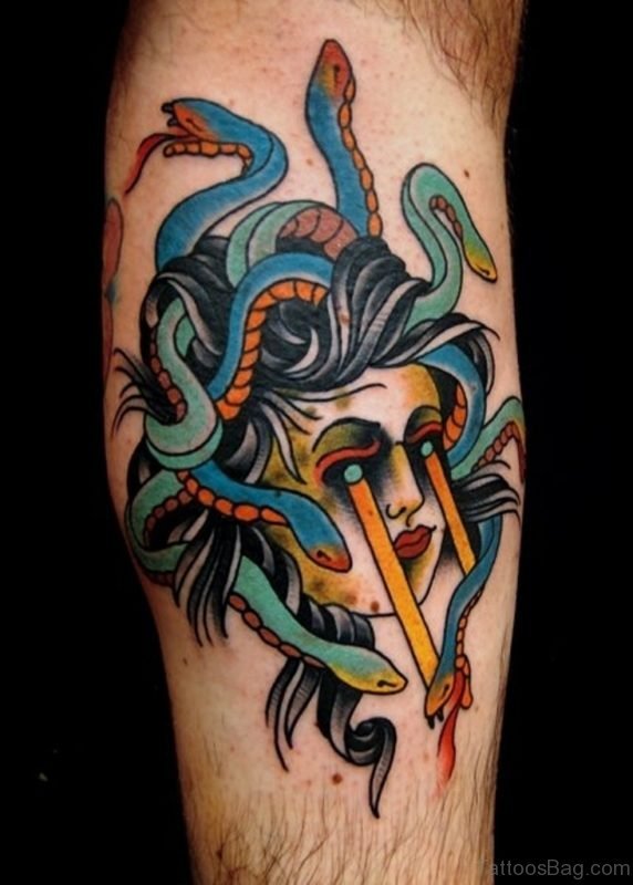 Colorful Medusa Tattoo On Leg