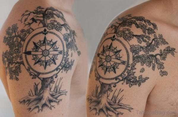 Compas And Tree Tattoo