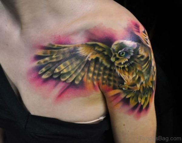 Cool Flying Owl Tattoo On Shoulder