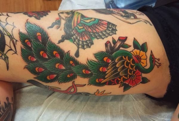 Cool Peacock Tattoo On Thigh