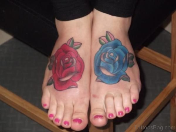 Cool Red And Blue Rose Tattoo On Foot