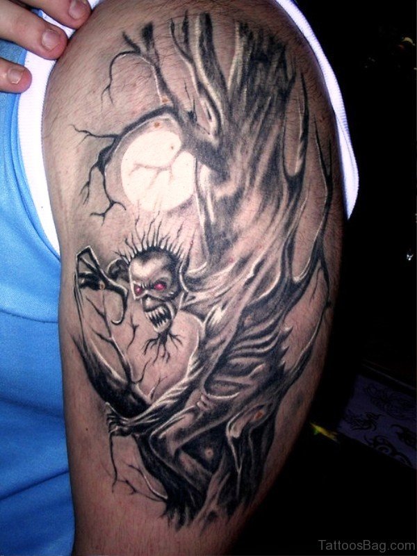 Creepy Evil Tree Tattoo On Shoulder