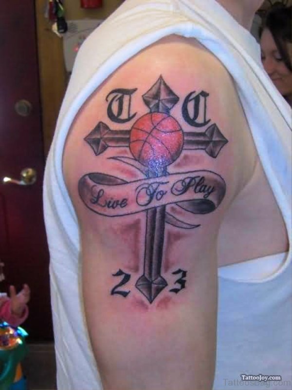 Cross With Banner And Basketball Tattoo