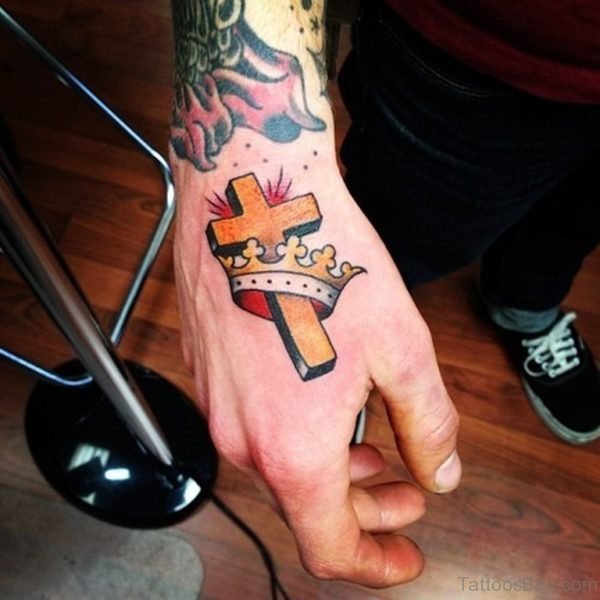 Cross With Crown Tattoo On Hand For Men