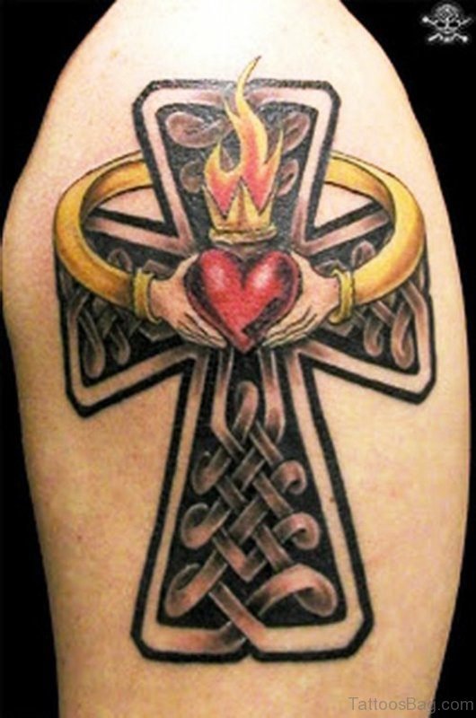 Cross With Heart Tattoo On Shoulder