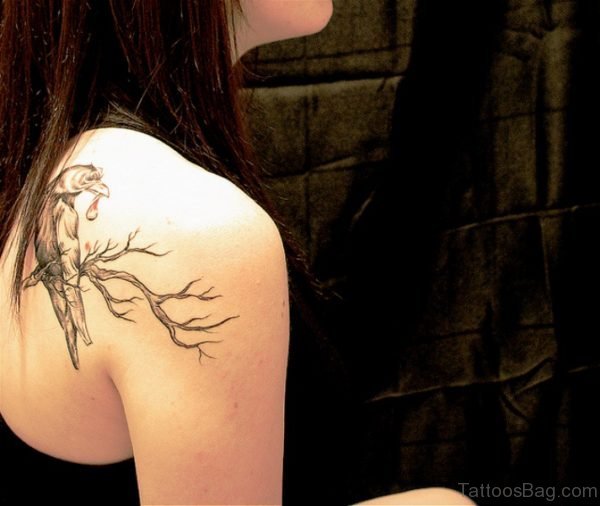 Crow On Tree Tattoo On Back Shoulder