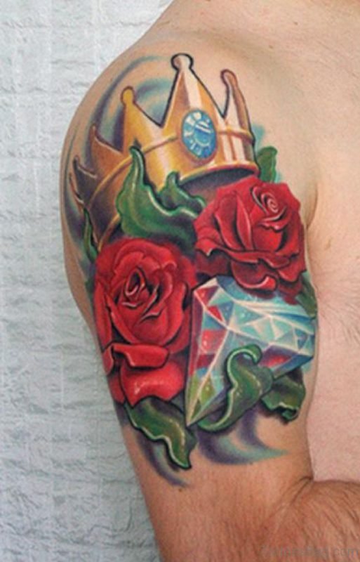 Crown And Rose Tattoo On Shoulder