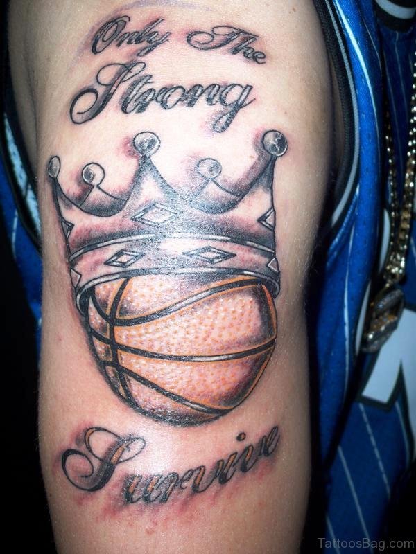 Crown With Basketball Tattoo On Shoulder