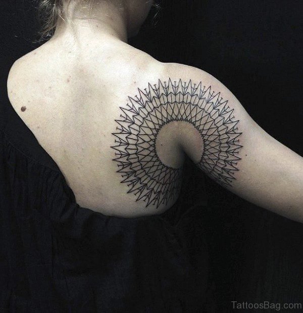 Custom Grey Mandala Tattoo On Shoulder
