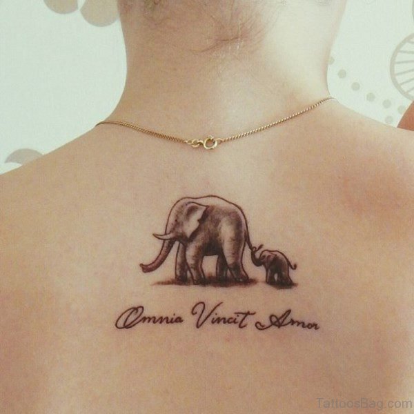 Cute Elephant With Child Tattoo On Back