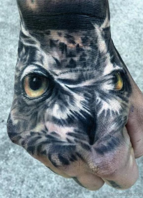 Cute Owl Tattoo On Hand