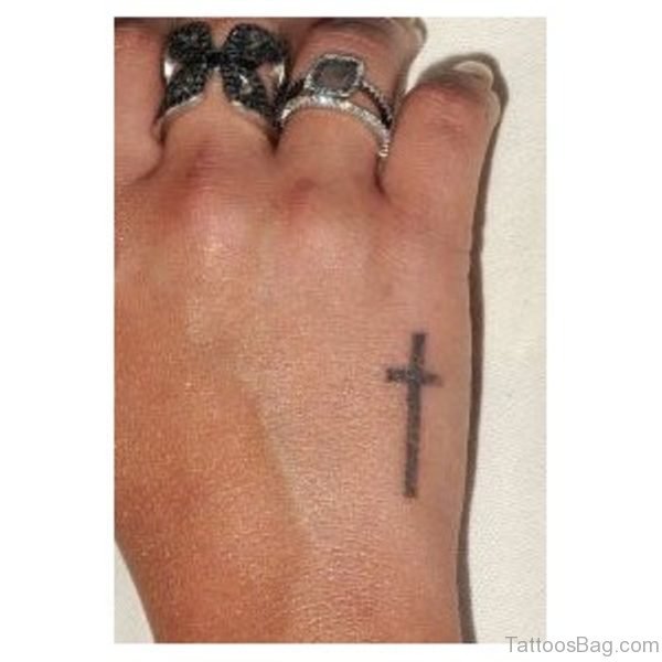 Cute Rosary Cross Hand Tattoo