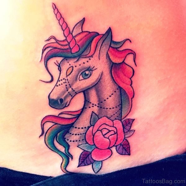Cute Unicorn With Rose Tatoo