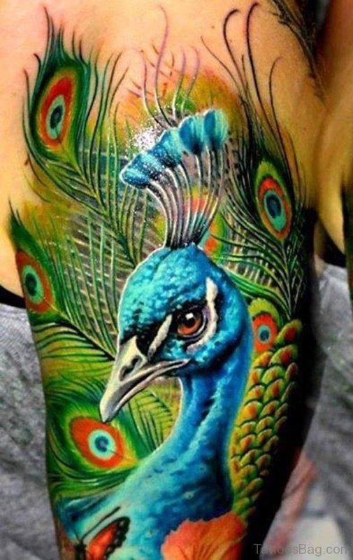 Dark Colored Peacock Tattoo On Shoulder