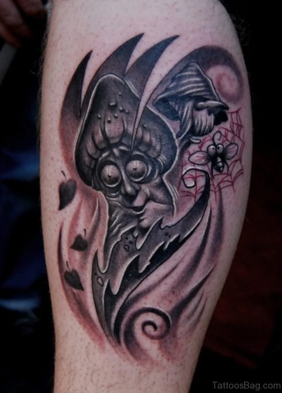 Dark Grey Ink Mushroom Tattoo On Leg